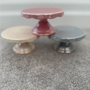 Set of Three Mini Cake Stands in Pink, Cream, and blue